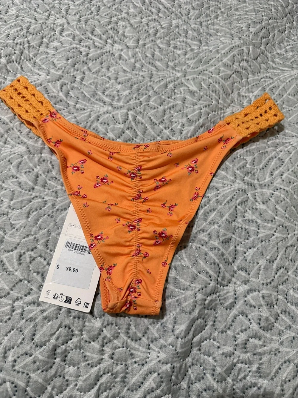 Zara Orange Floral Crochet-Trim Bikini Bottom
